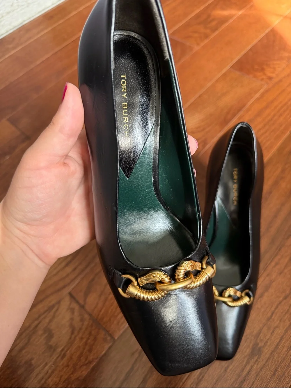 Tory Burch Jessa Black Leather Horse Head Block Heel Pump - Size 6.5